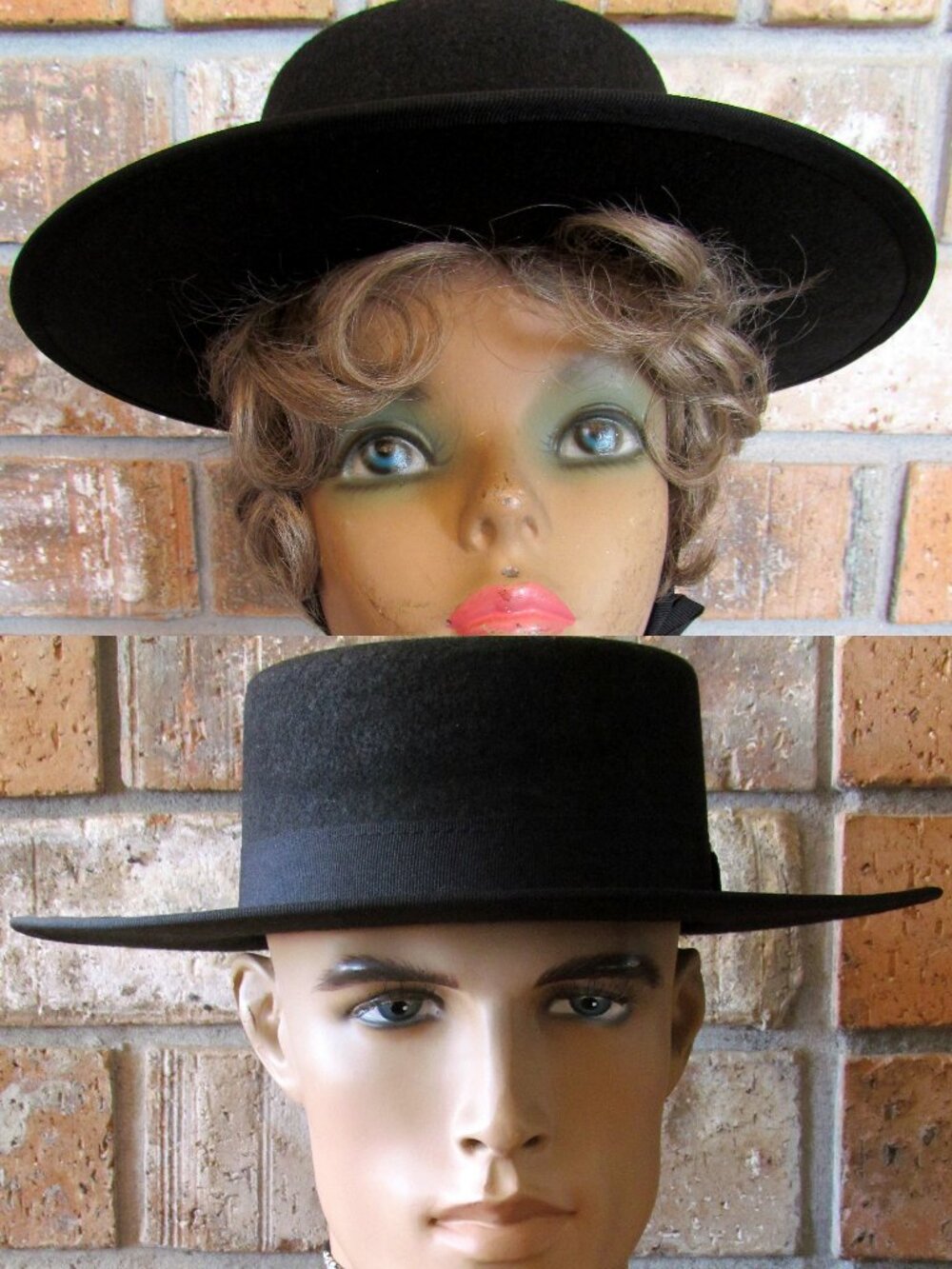 BLACK UNISEX HAT, M, FLAT CROWN WIDE BRIM, RIBBON CHIN STRAP, FELT MOLDED GAUCHO